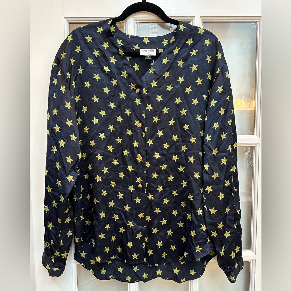 Vintage Kasper A.S.L  80’s 100% Silk Navy and Yellow Star Print Blouse Size 8 M